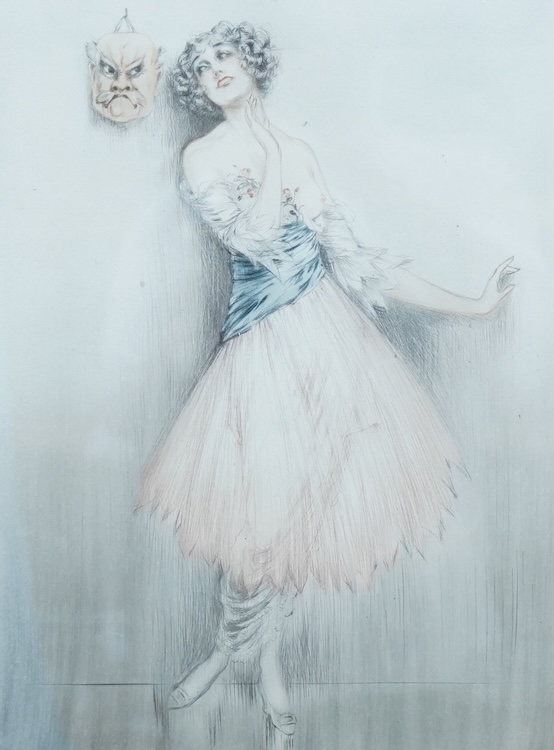 Louis Icart (French, 1888-1950), 'Femme au Mask', signed in pencil and numbered 37, etching with aquatint, 61 x 45cm